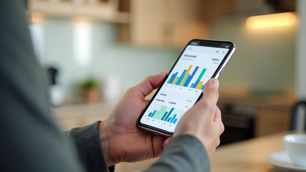 Mobilus ekranas rodo biudžeto grafiką ir finansų ataskaitą